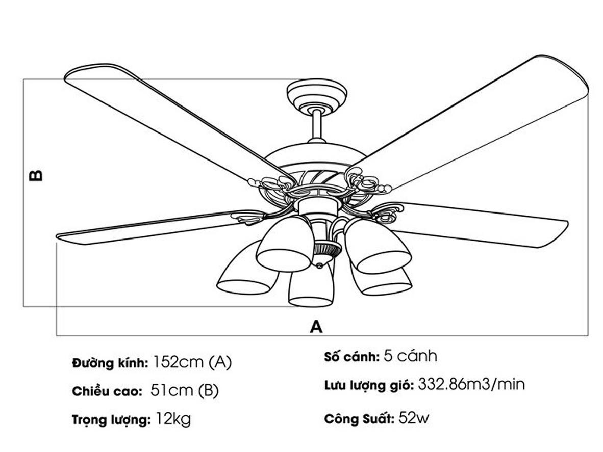5 cánh gỗ và chao thủy tinh mang lại vẻ đẹp cổ điển sang trọng cho Toky-5025.