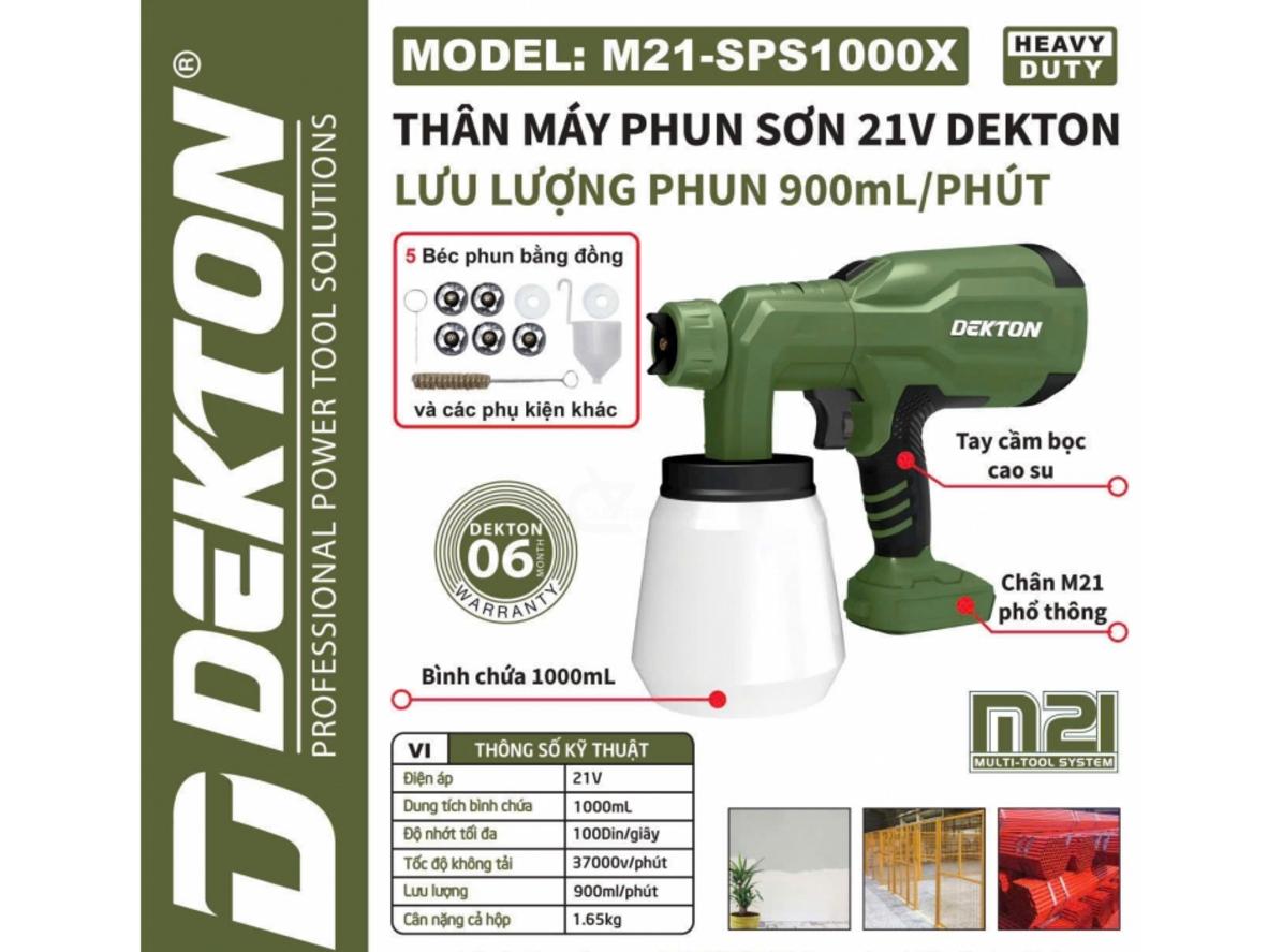Bộ béc phun 1.0mm-2.5mm giúp máy phun sơn Dekton M21-SPS1000X linh hoạt cho nhiều bề mặt.
