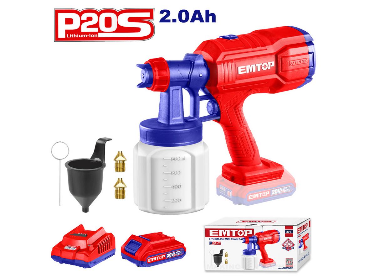 Bình chứa 800 ml giúp máy phun sơn dùng pin 20V Emtop ELSG20256 làm việc liền mạch hơn.