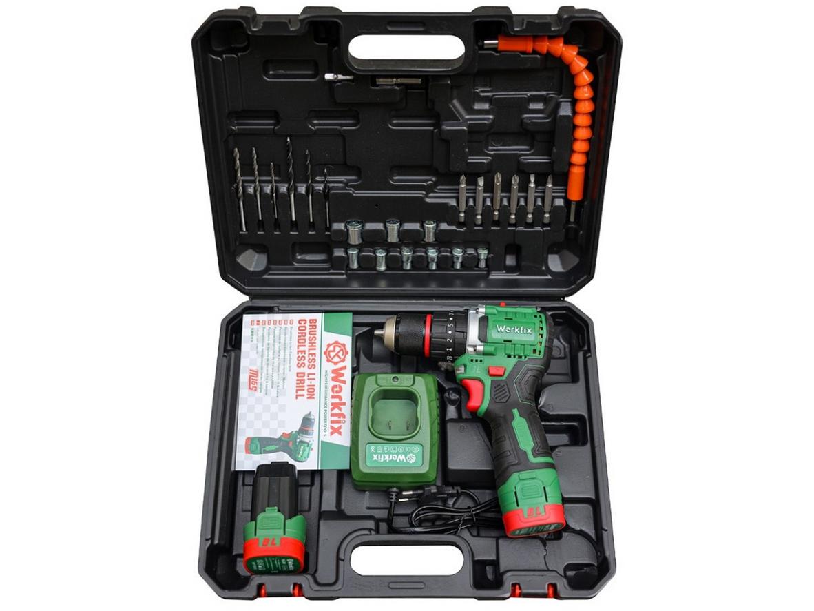 Bộ máy khoan pin Workfix 16.8V WF-ID1610BL đi kèm 2 pin và phụ kiện dùng ngay.