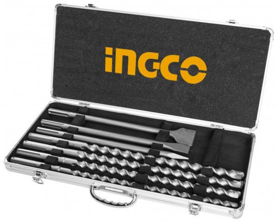 Bộ mũi khoan bê tông gài SDS Max và mũi đục INGCO AKD5075 gồm 7 chi tiết, đi kèm hộp nhôm gọn gàng.
