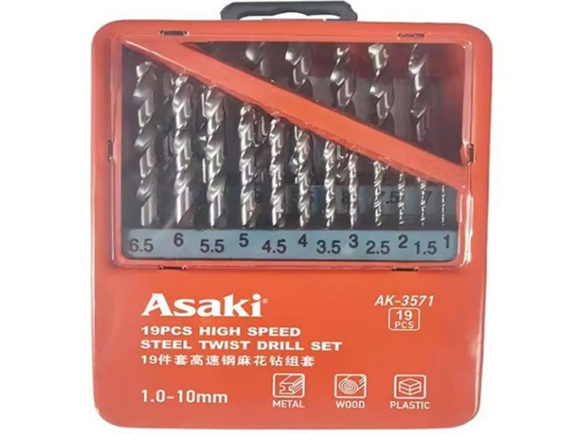 Bộ mũi khoan inox sắt Asaki AK-3571 gồm 19 mũi HSS, dải size 1–10 mm.