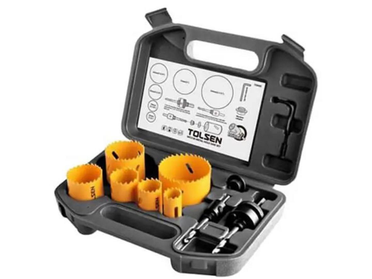 Bộ mũi khoét sắt 9 món Tolsen 75860 gồm 6 mũi khoét 22-64mm, 2 đầu gá và hộp đựng.