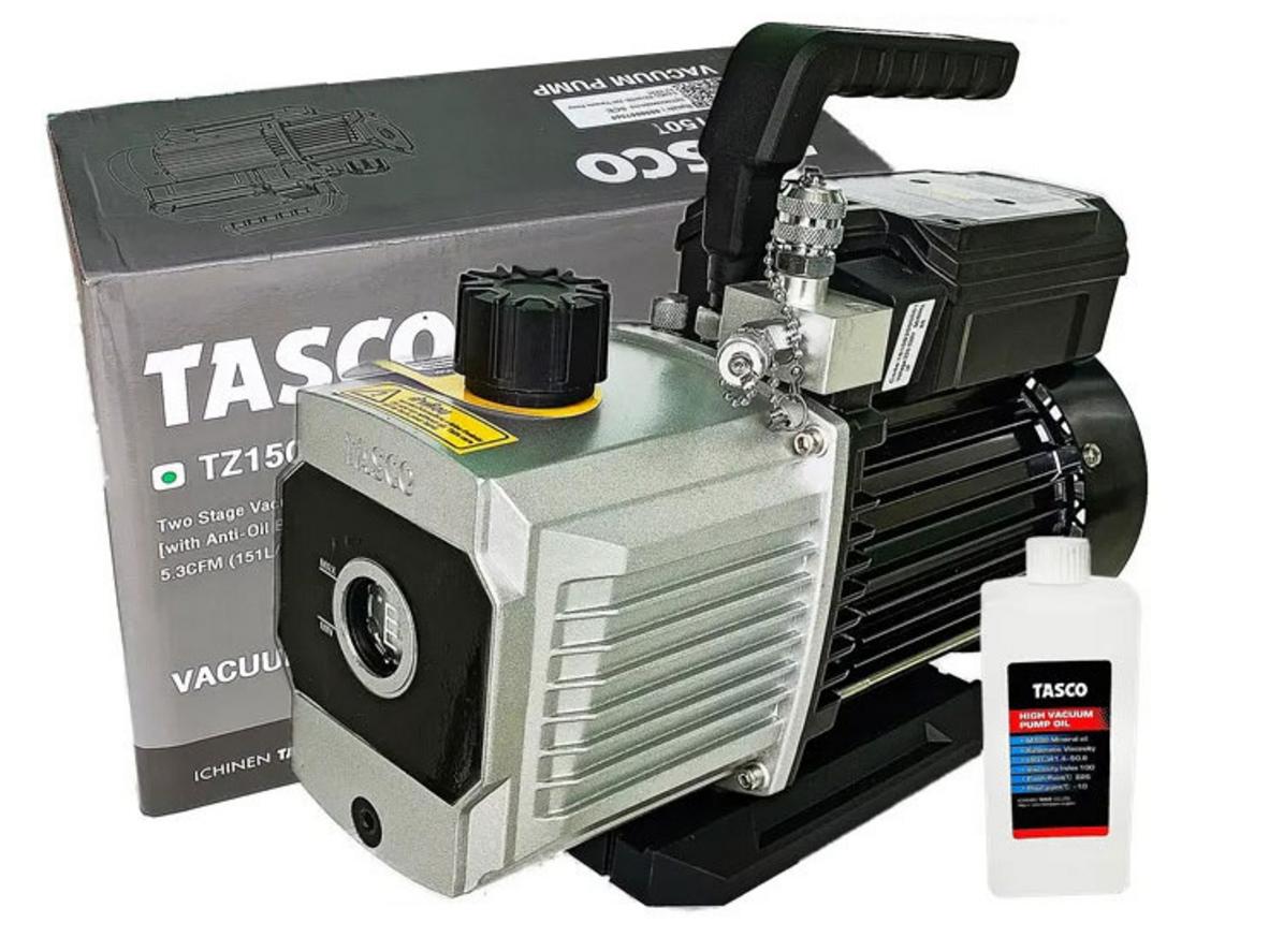 Bơm hút chân không 2 cấp Tasco TZ150TK-220 với lưu lượng hút 151 lít/phút và độ chân không 15 microns.