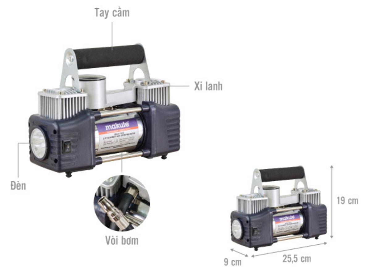 2 xi lanh và lưu lượng 60L/phút giúp Makute MAC1202 bơm nhanh, tiện dùng cả ban đêm.