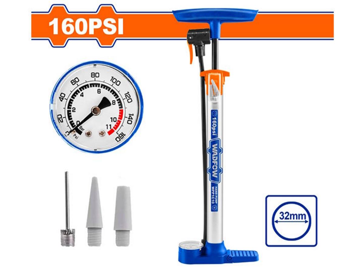 Bơm tay Wadfow WPP1C10 có đồng hồ Bar/PSI, đầu bơm Schrader/Presta/Dunlop và thân thép chắc chắn.
