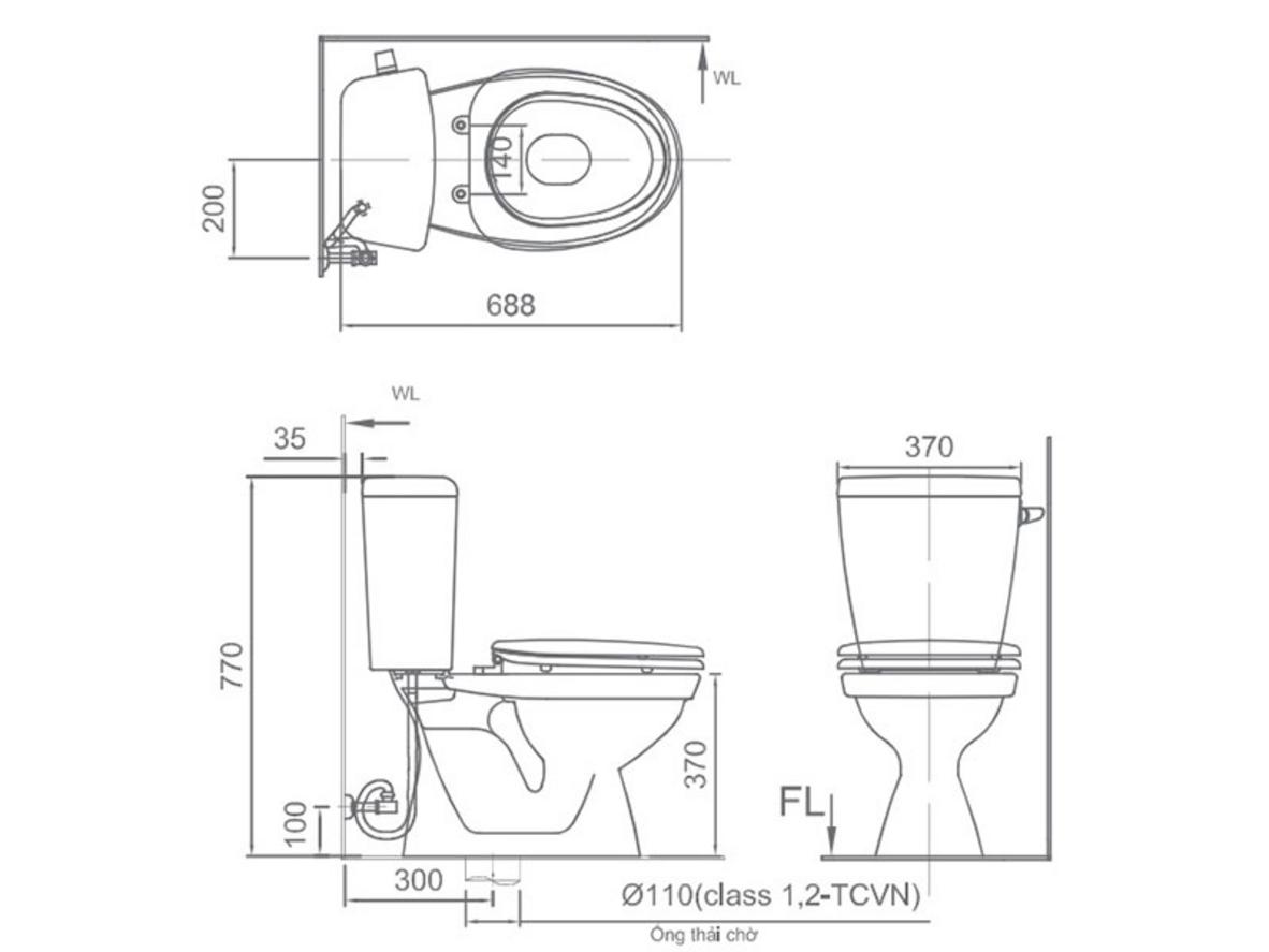 Hình minh họa thông số và tính năng của bồn cầu Inax 2 khối C-117VAN/BW1.
