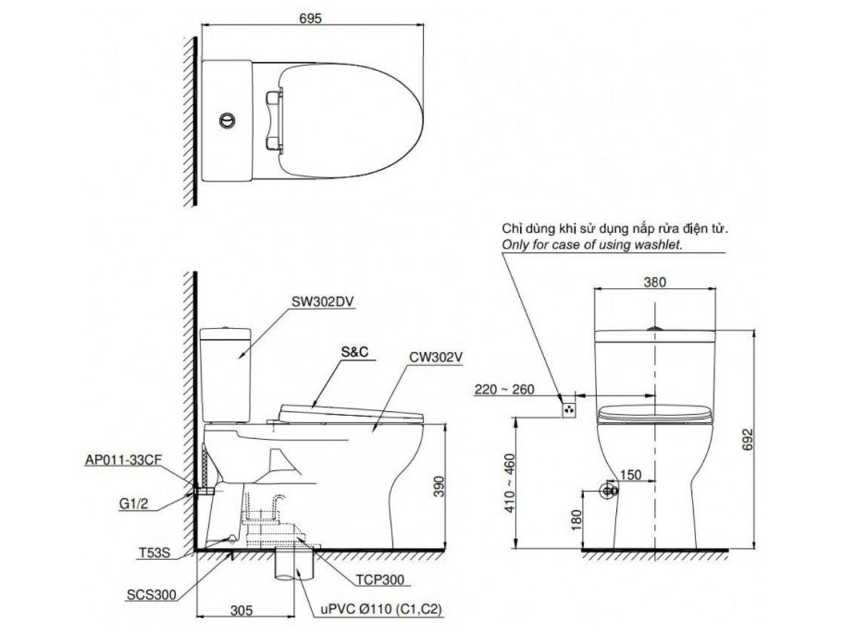 Cận cảnh chi tiết xả kép và nắp đóng êm của bồn cầu TOTO CS302DT3.