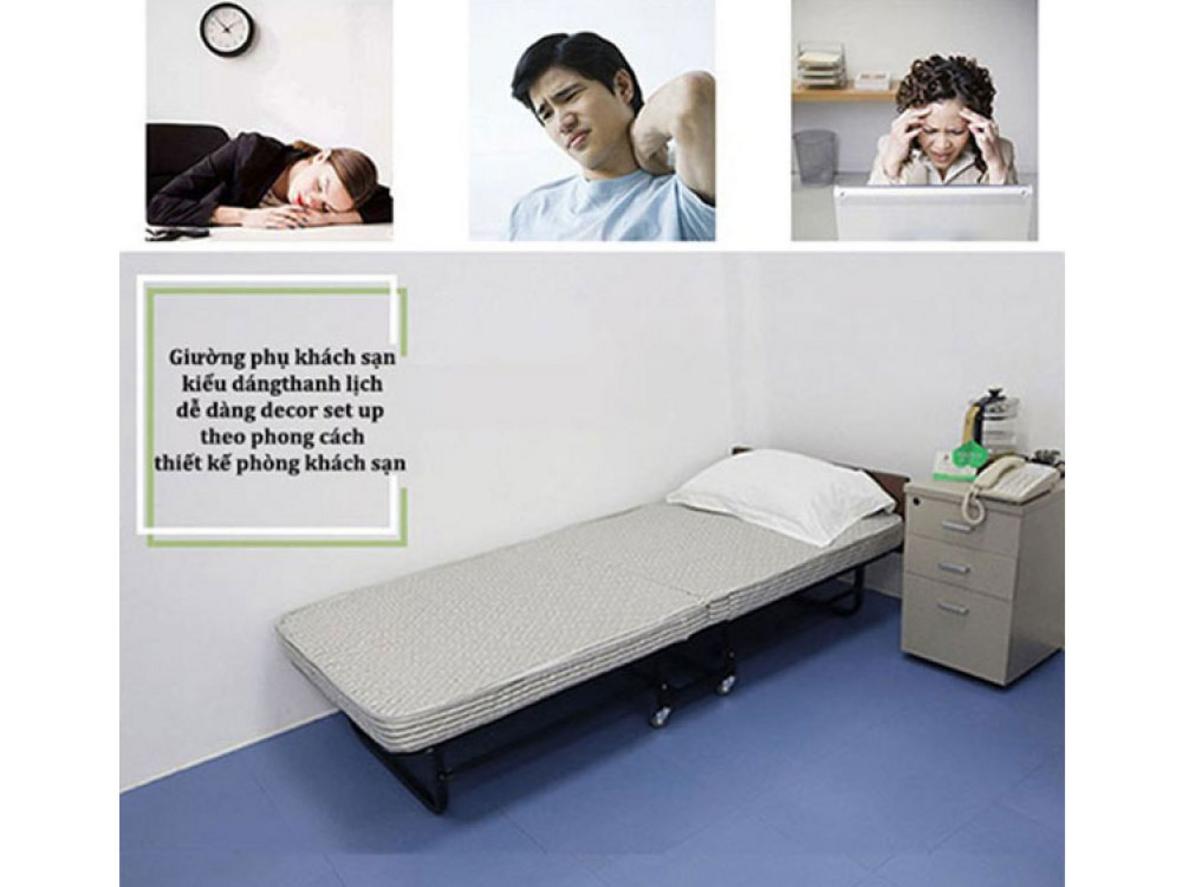 Đệm mút dày 10cm giúp giường phụ khách sạn GP-G10 êm và ổn định hơn khi ngủ qua đêm.
