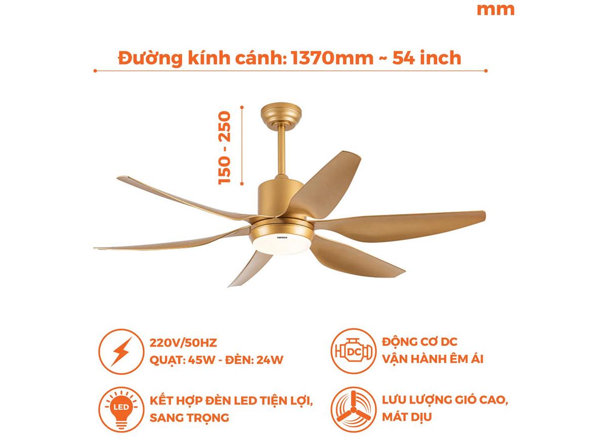 Đèn LED 3 chế độ 24W giúp quạt vừa chiếu sáng vừa trang trí nội thất.
