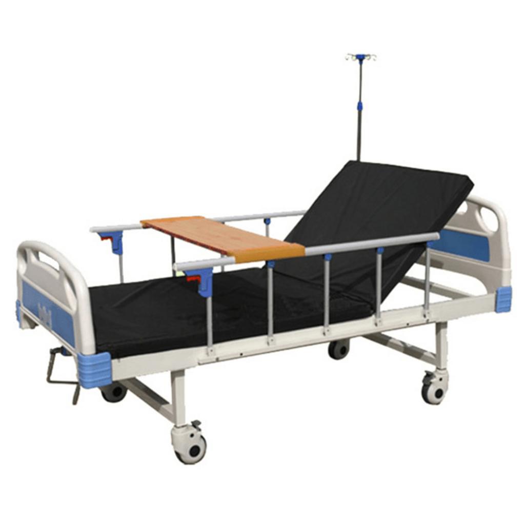 Giường chăm sóc bệnh nhân Nikita B02-IV với khung nhựa ABS, bánh xe di chuyển và phụ kiện bàn ăn, cọc truyền.