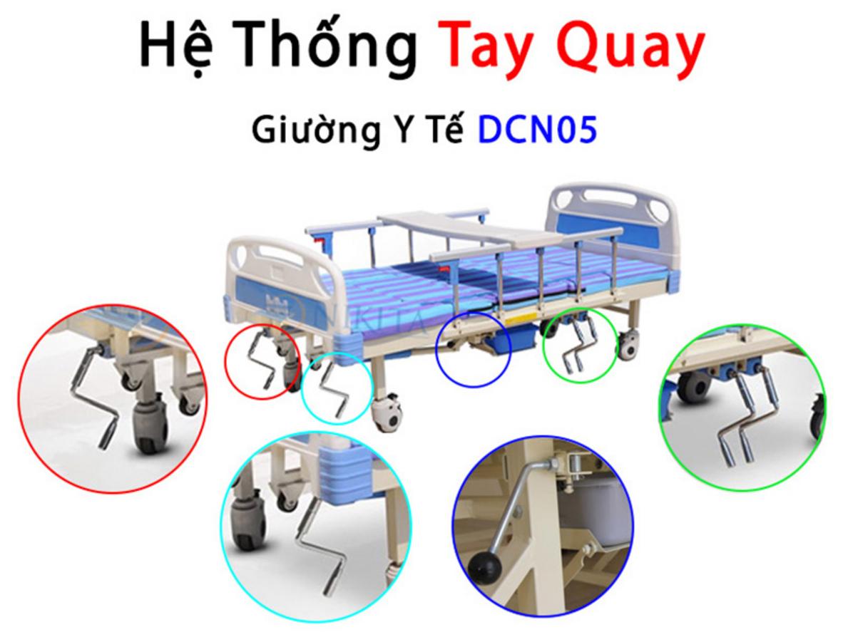 Hệ 5 tay quay của giường y tế Nikita NKT-DCN05 giúp điều chỉnh nhiều tư thế chăm sóc linh hoạt.