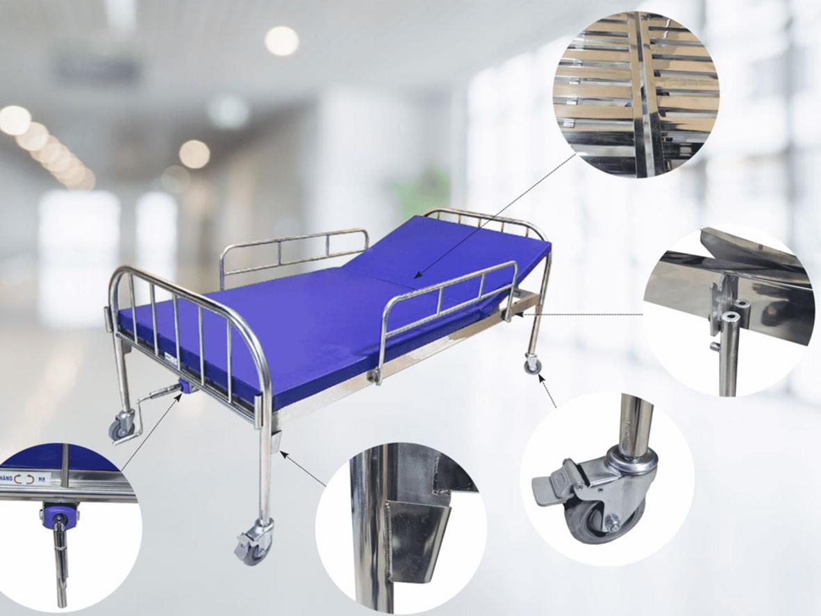 Thông số chính của giường y tế inox 1 tay quay Royalmed GIN1: Inox 201, 300kg, 4 bánh xe, 197 x 90 x 50cm.