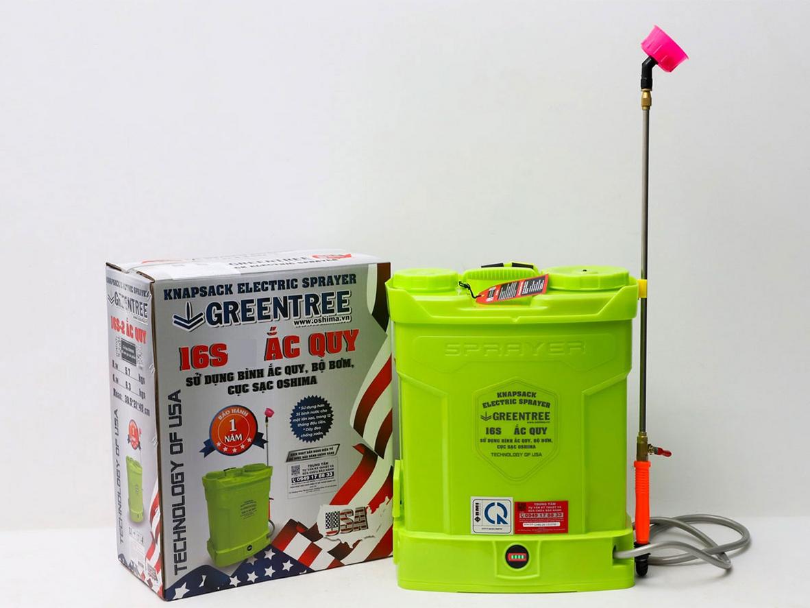 Greentree 16S 16 lít với áp suất 0,69 MPa và bơm 4,6 lít/phút.
