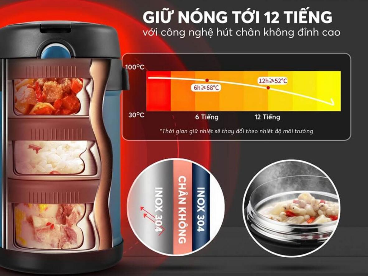 Hộp cơm giữ nhiệt inox 304 Elmich EL8303 - 2 lít với 3 ngăn tiện mang cơm trưa hằng ngày.