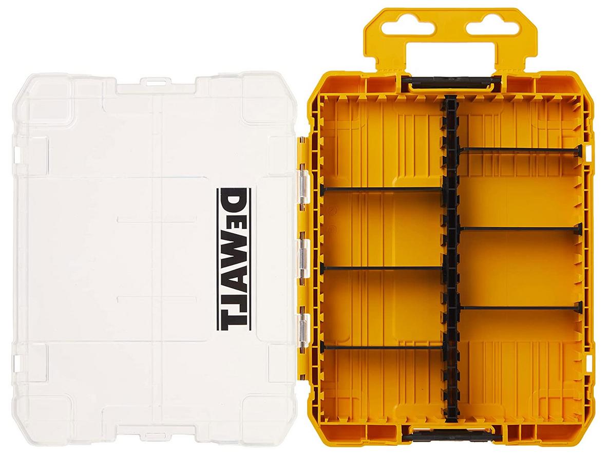 Infographic cấu tạo hộp Dewalt DWAN2190 với 8 ngăn và nắp trong suốt.