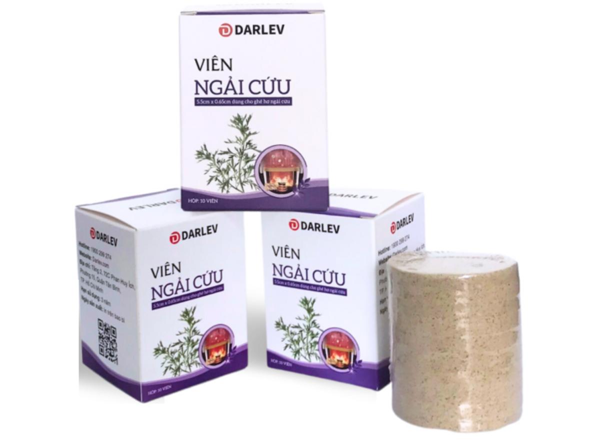 Hộp viên nén ngải cứu khô Darlev 10 viên/hộp, kích thước chuẩn 5.5cm x 0.65cm.