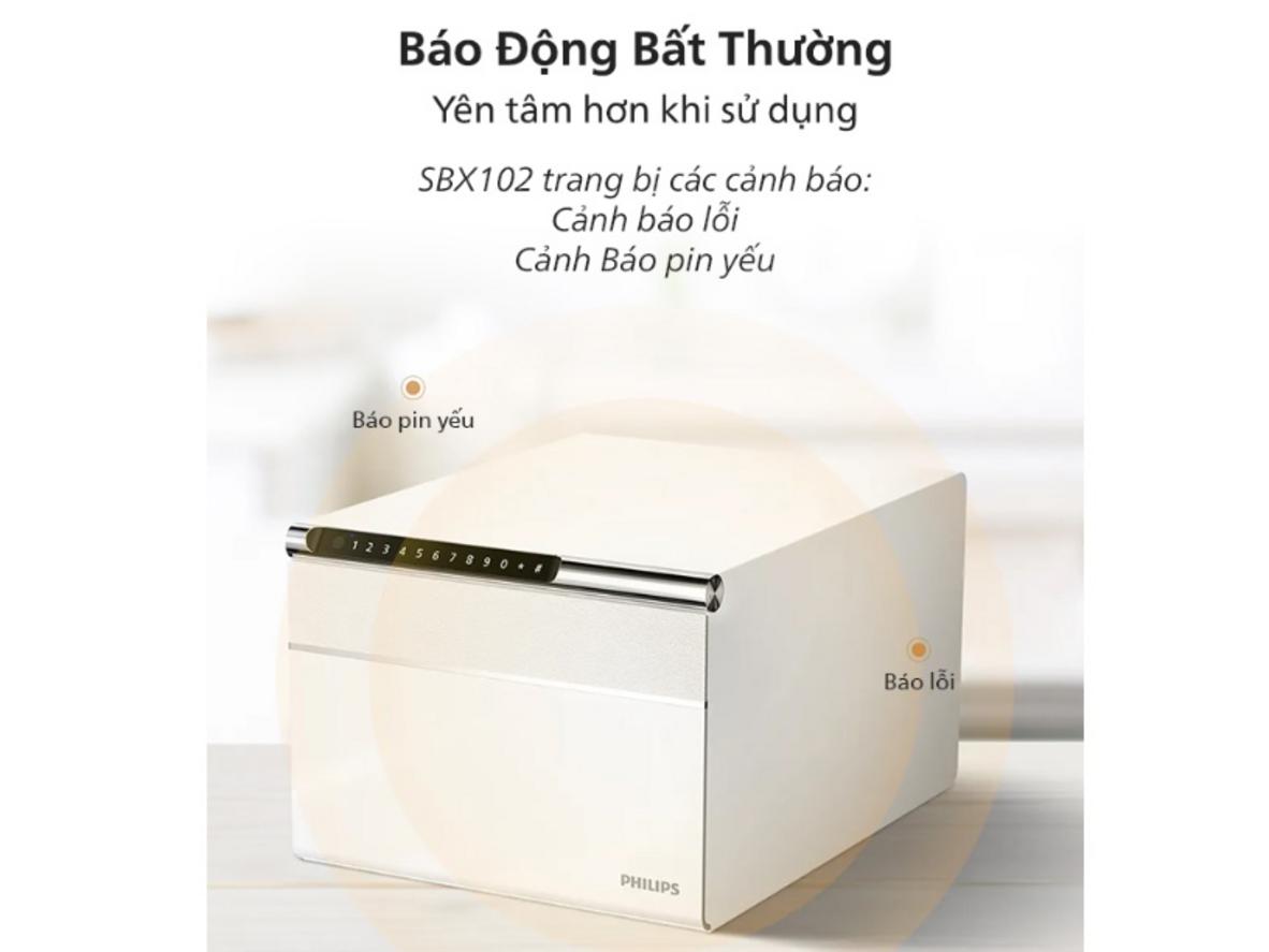 Két sắt mini Philips SBX102 dùng 4 pin Alkaline AA, thao tác thay pin thuận tiện.