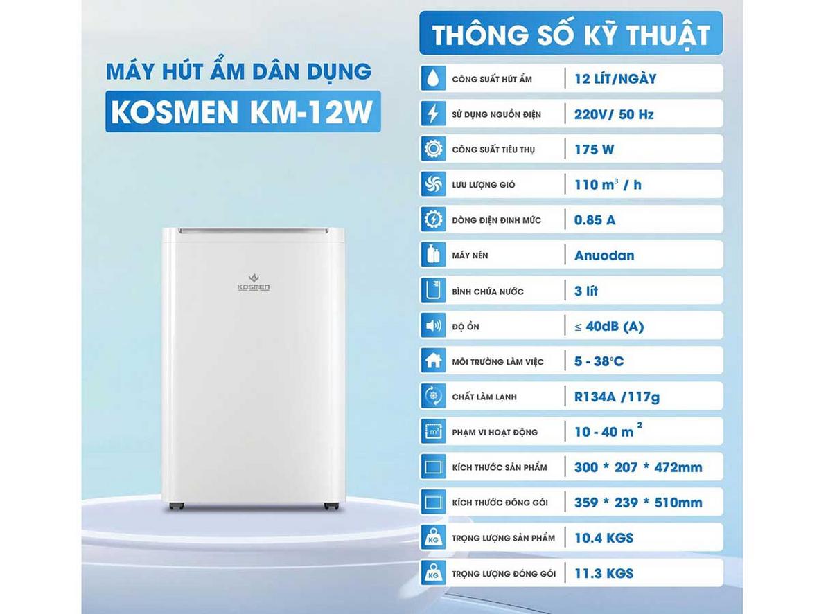 Kosmen KM-12W nổi bật với 12 lít/ngày, Wi‑Fi điều khiển từ xa và vận hành êm.