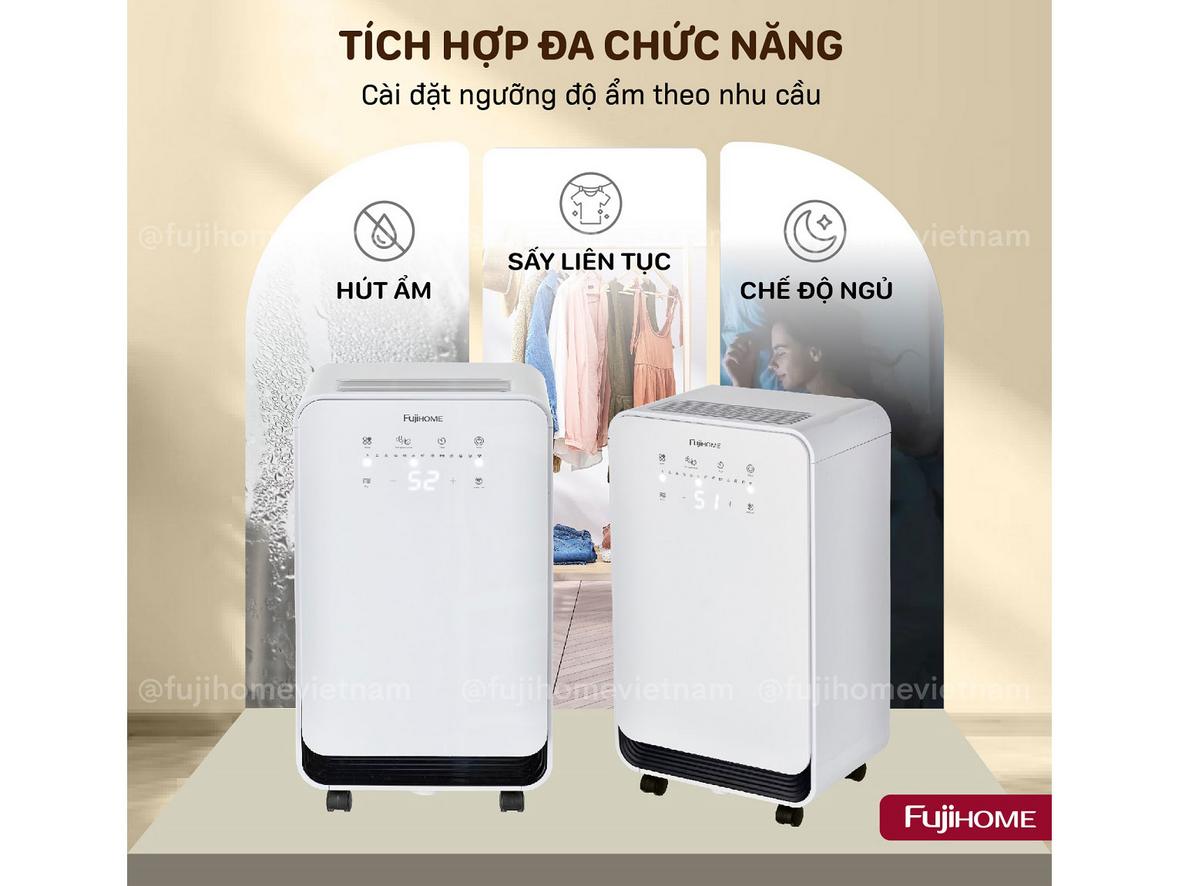 Máy hút ẩm dân dụng Fujihome DH12NEW phù hợp phòng 18–24m², vận hành êm cho phòng ngủ và phòng làm việc.