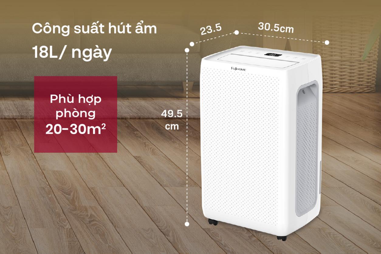 DH18W phù hợp không gian 20–30m², điều khiển cảm ứng và Wi‑Fi tiện theo dõi độ ẩm từ xa.