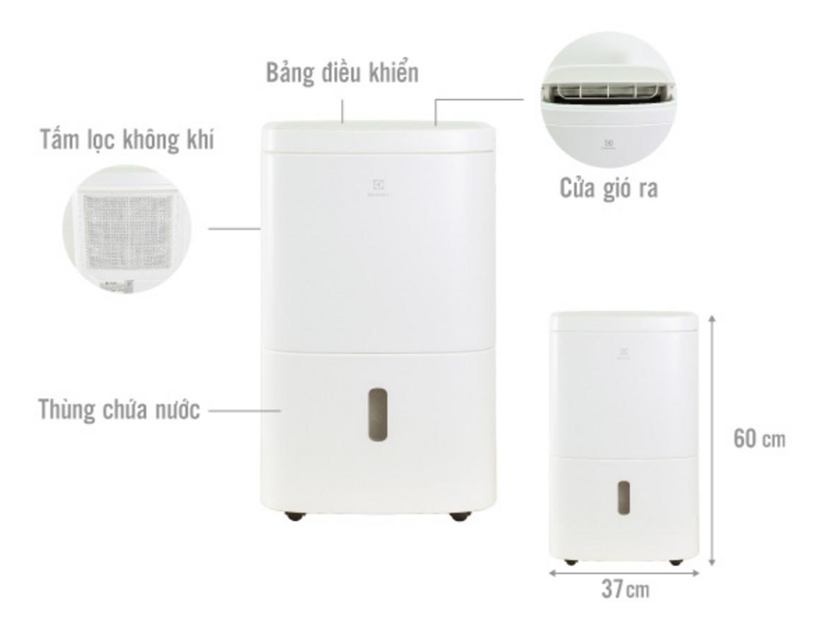 Các tính năng chính của Electrolux EDH10TRBW1: 20 lít/ngày, bình chứa 4.8 lít, phù hợp phòng 42m².