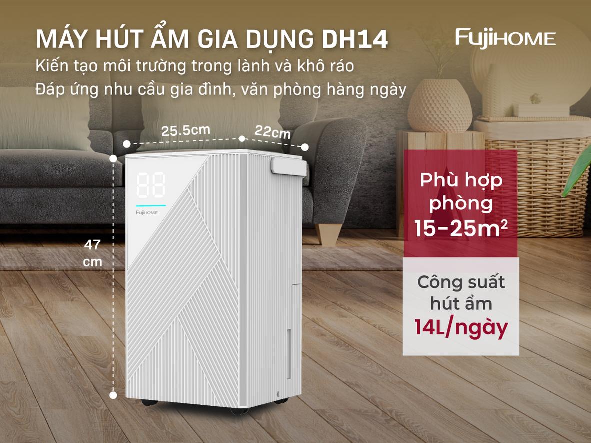 Fujihome DH14 vận hành êm dưới 36 dBA, phù hợp dùng ban đêm.