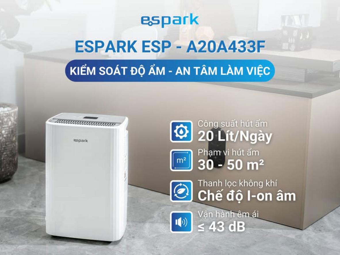 Máy hút ẩm kèm lọc không khí Espark ESP-A20A433F tối ưu cho phòng 30–50m².