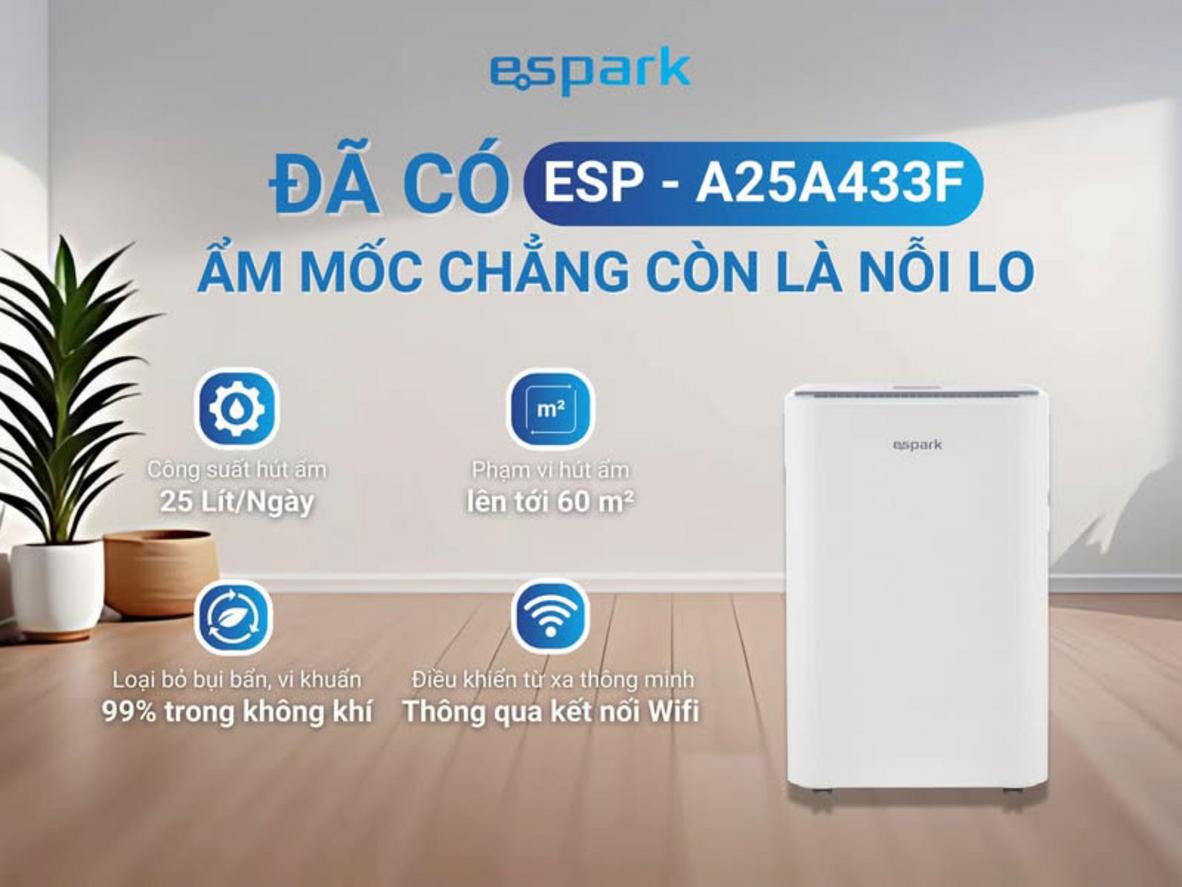 Máy hút ẩm kèm lọc không khí Espark ESP-A25A433F phù hợp không gian đến 60m².