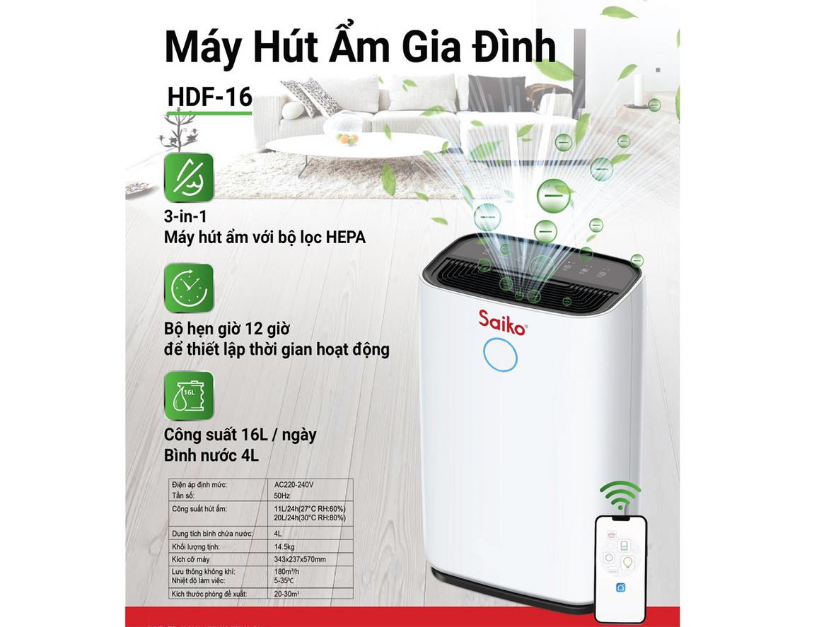 Saiko HDF-16 giúp kiểm soát độ ẩm, lọc không khí và hỗ trợ sấy quần áo.