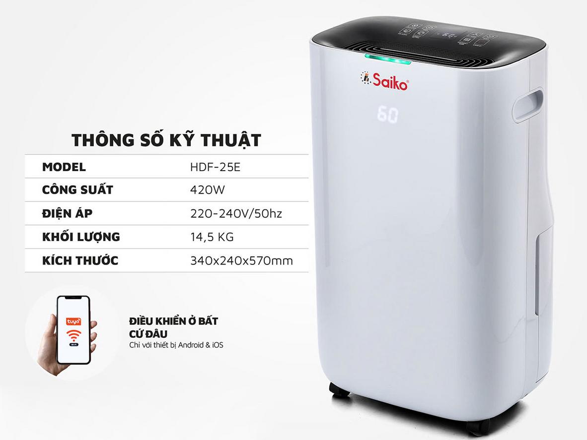 Saiko HDF-25E cân bằng giữa hút ẩm 25L, lọc HEPA và sấy quần áo