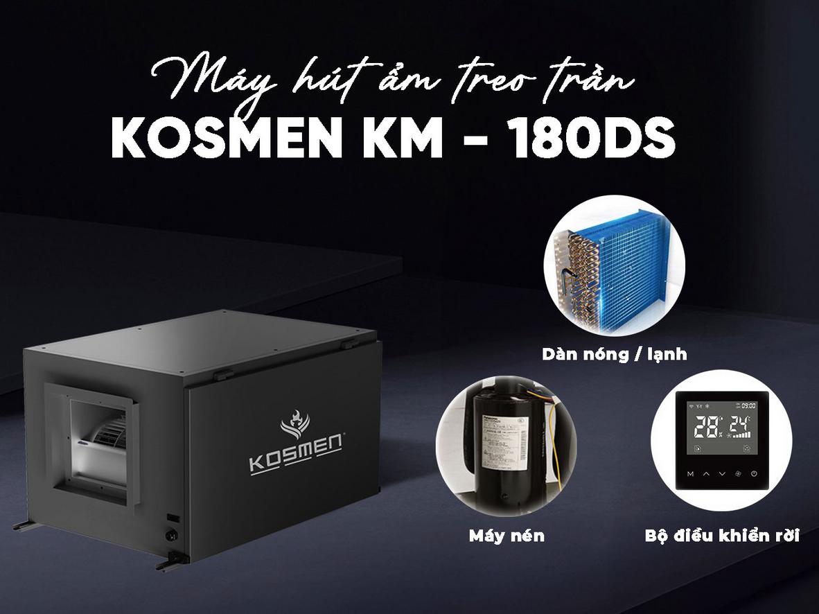 Thiết kế treo trần của Kosmen KM-180DS giúp hút ẩm hiệu quả và tiết kiệm diện tích sàn.