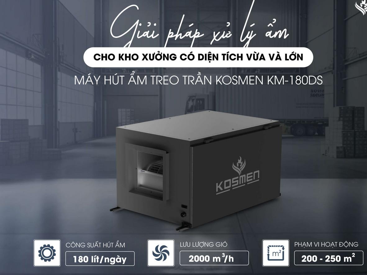 Thiết kế treo trần của Kosmen KM-180DS giúp hút ẩm hiệu quả và tiết kiệm diện tích sàn.
