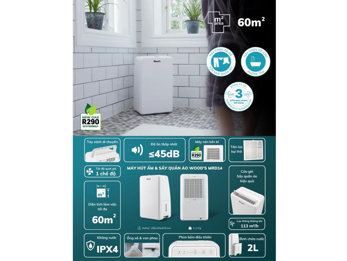 Máy hút ẩm Woods MRD14 gọn êm cho phòng ngủ và căn hộ nhỏ.