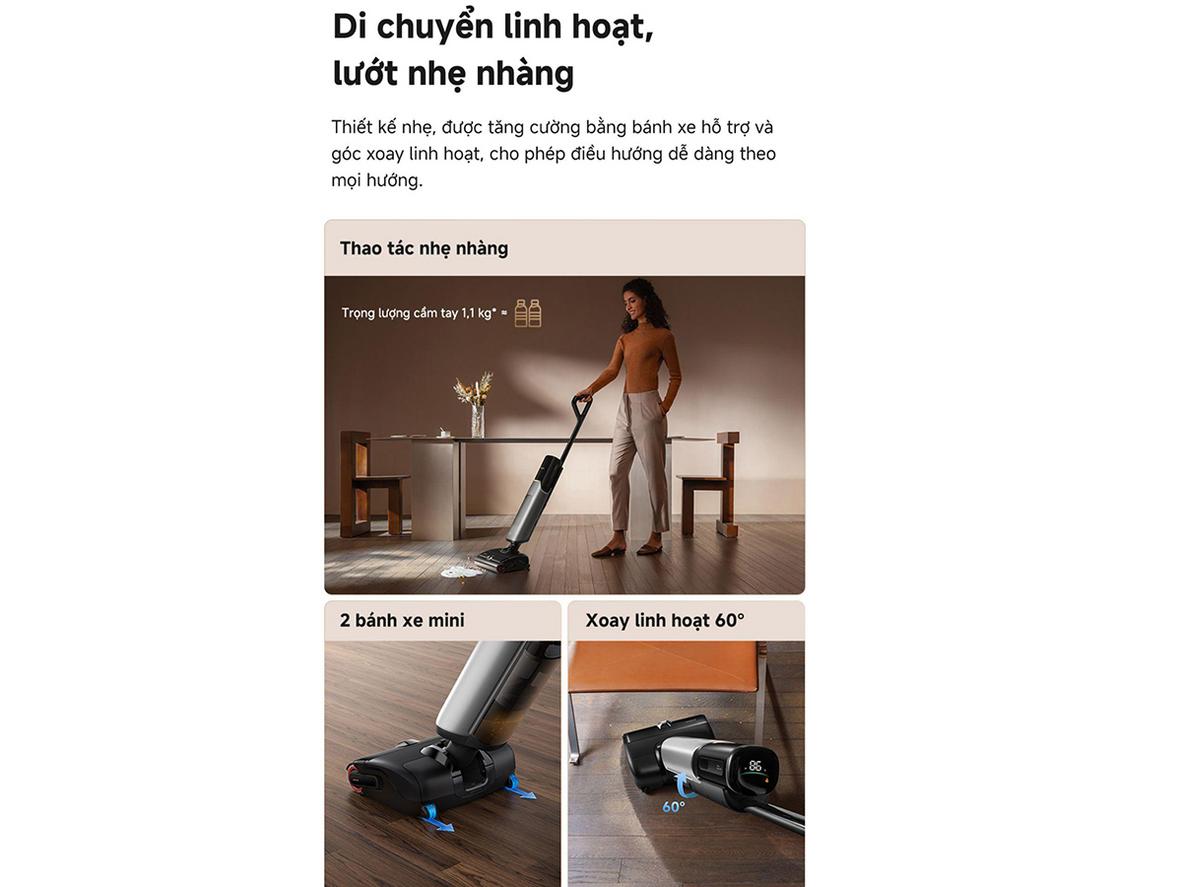 Dreame Mova X4 Pro tập trung vào lực hút mạnh, làm sạch nóng và tự vệ sinh con lăn.
