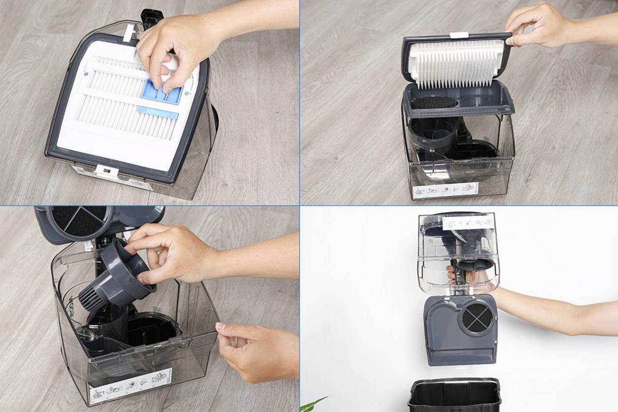 Dây điện 5m và bánh xe giúp máy di chuyển linh hoạt hơn khi vệ sinh nhà.