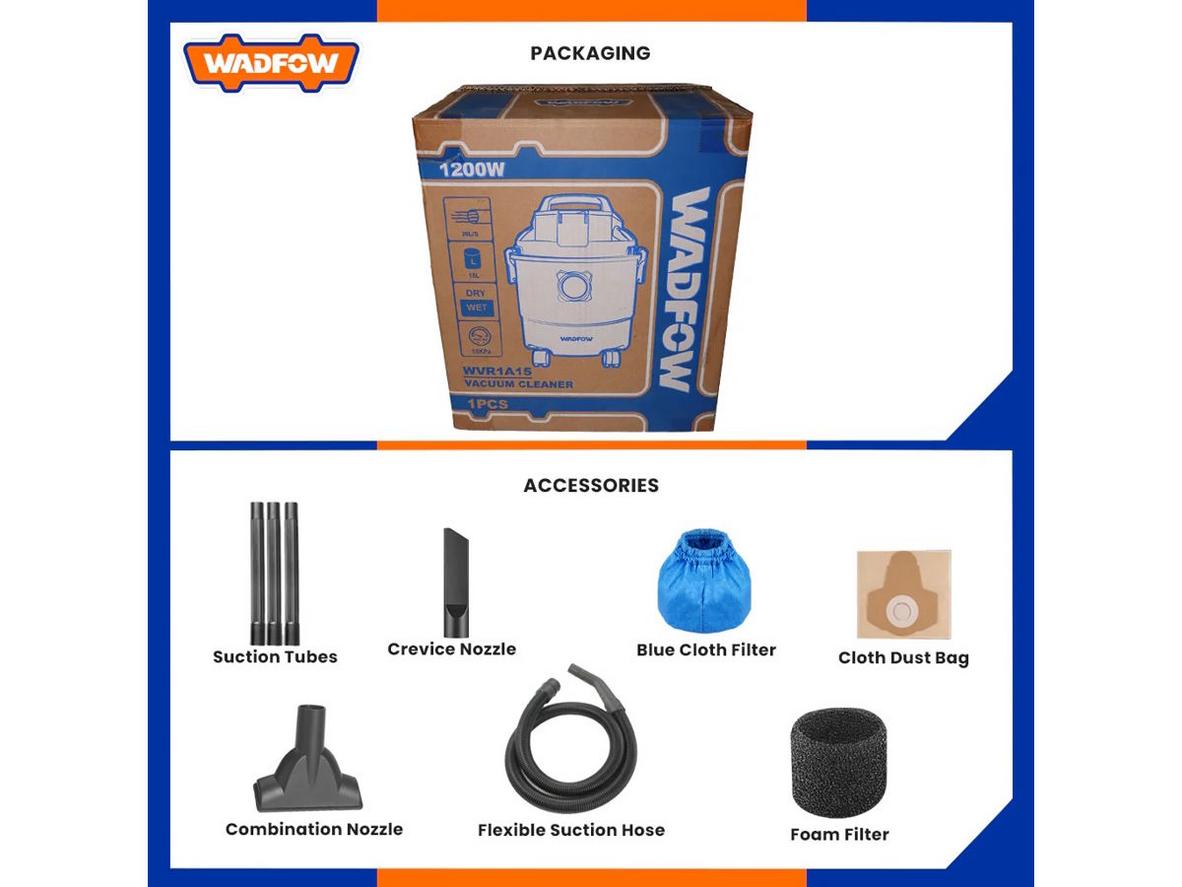 Công suất 1200W và dung tích 15L giúp máy xử lý việc dọn dẹp linh hoạt.