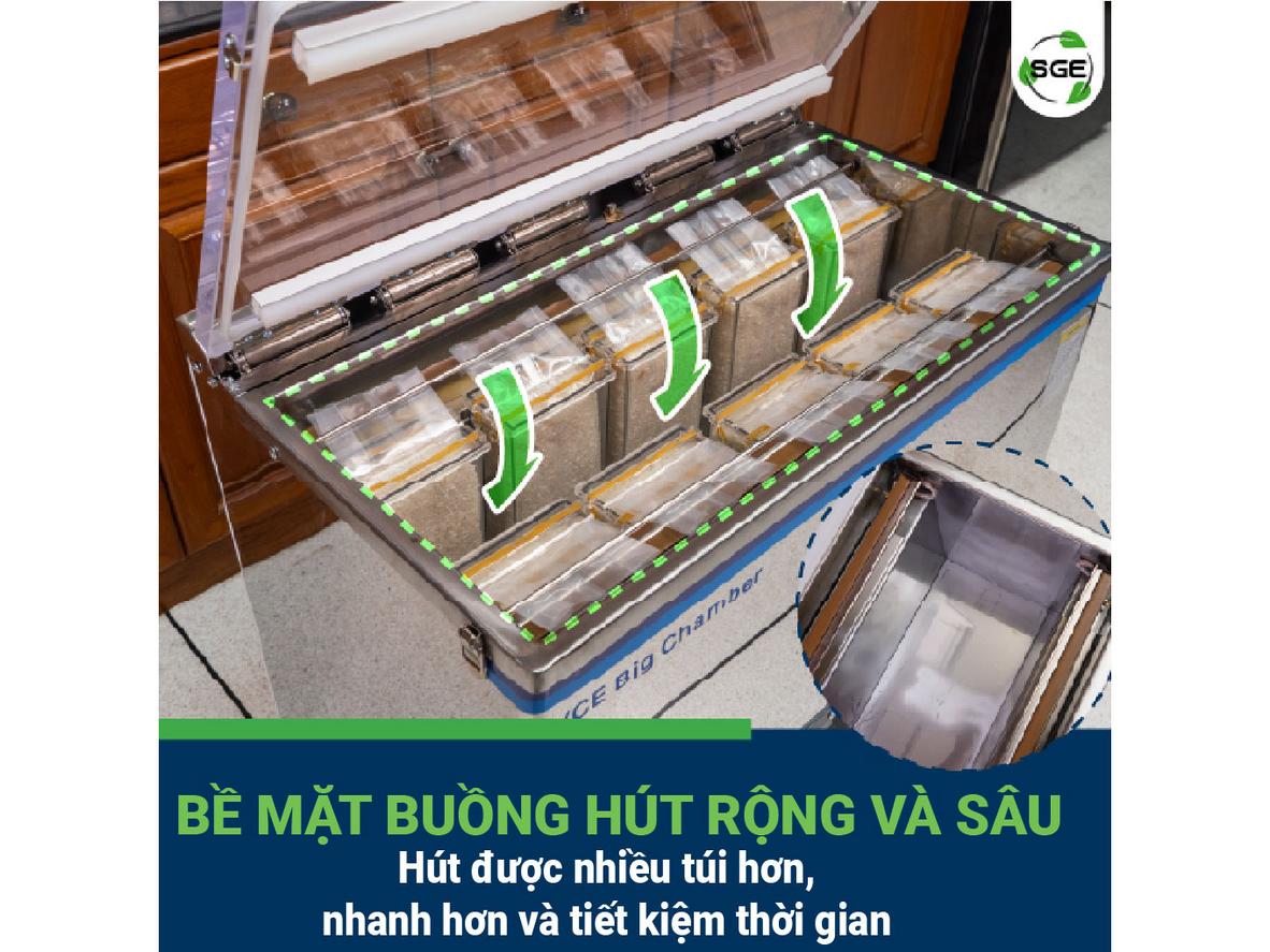 Buồng hút sâu và thanh hàn dài giúp VCE-DC-G2 đóng gói nhanh, kín và ổn định.