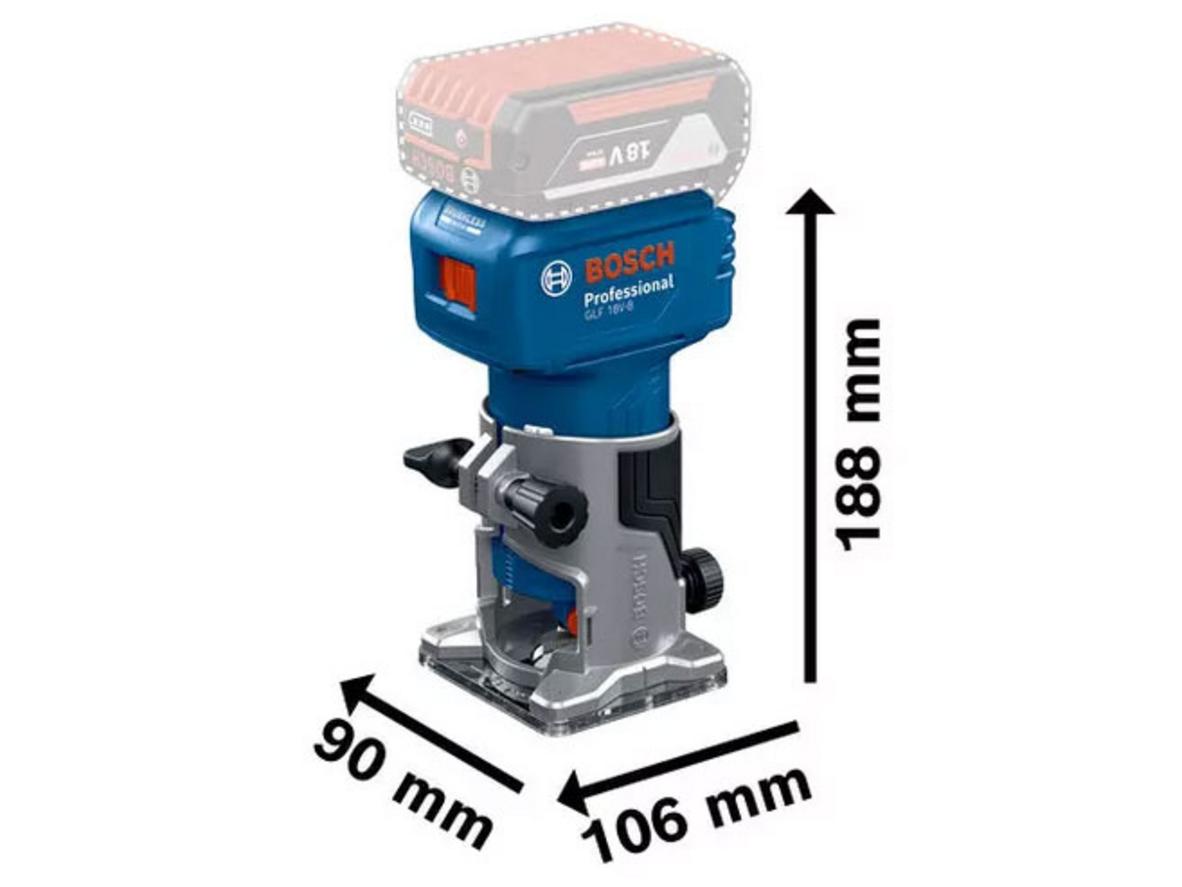 Máy phay Bosch GLF 18V-8 cho phay cạnh, soi rãnh và gia công định hình linh hoạt.