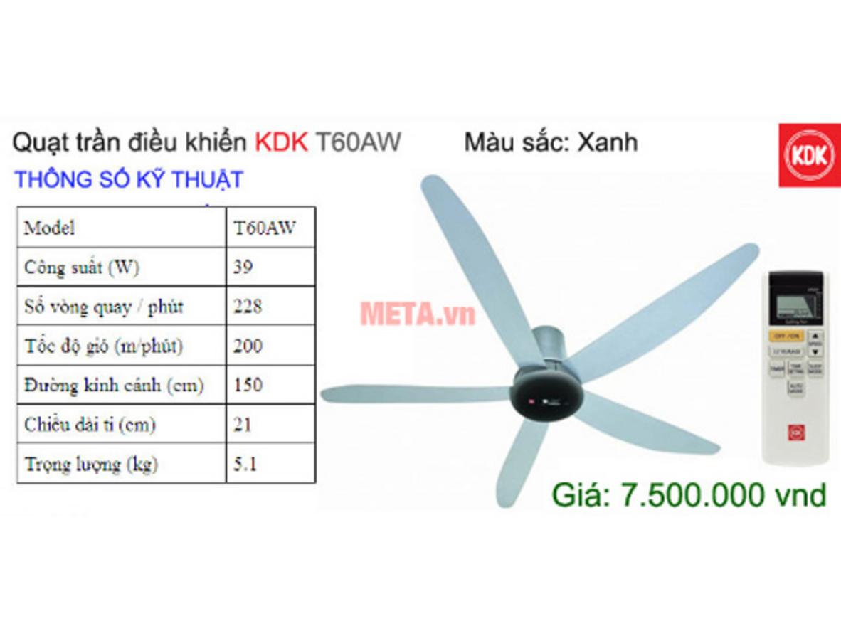 Quạt trần KDK T60AW màu bạc, sải cánh 150cm, phù hợp phòng khách và phòng ngủ lớn.