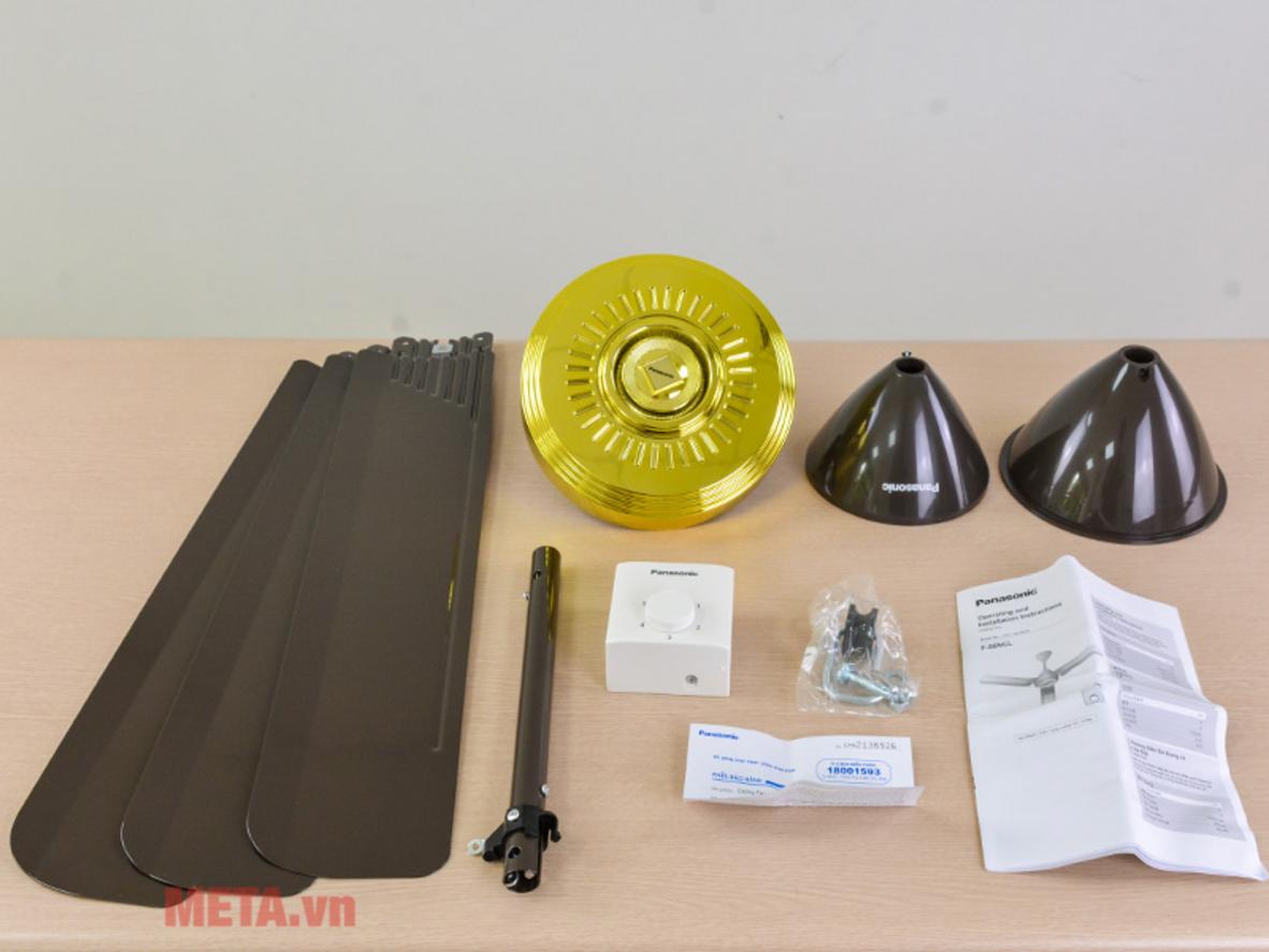 Cận cảnh quạt trần Panasonic F-56NCL-S với thiết kế 3 cánh màu đồng cổ điển, phù hợp phòng khách và không gian decor vintage.