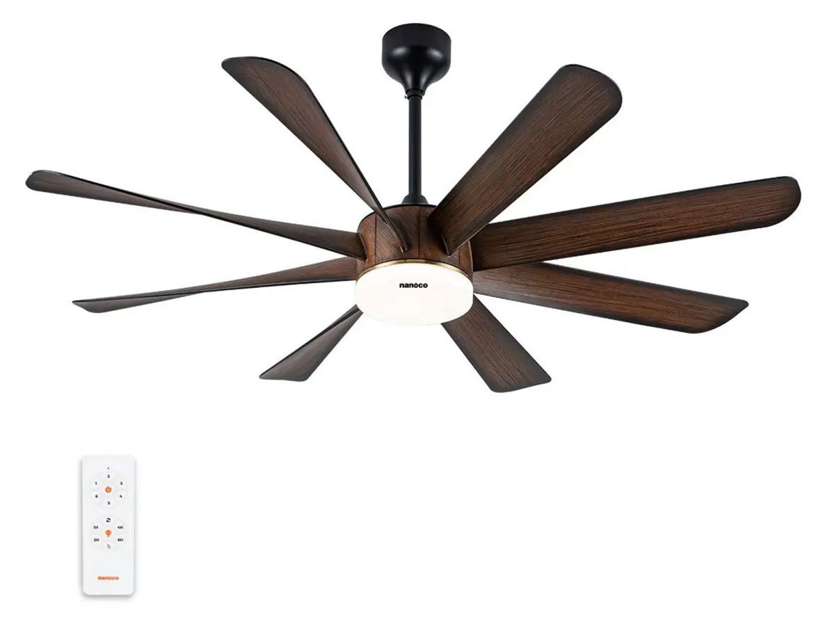 Quạt trần trang trí 8 cánh, đèn LED Nanoco NCFD6089L cho phòng khách hiện đại.