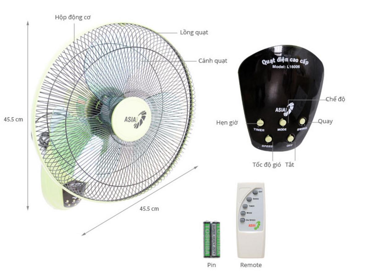 Remote điều khiển từ xa và hẹn giờ giúp Quạt treo tường Asia VY377292 55W tiện dụng hơn khi treo cao.