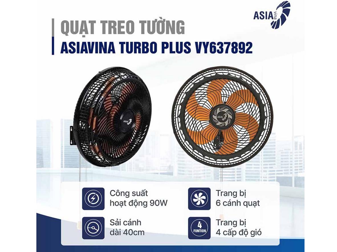 Cánh 40cm, 6 cánh giúp quạt treo tường ASIAVINA Turbo Plus đẩy gió xa và đều.