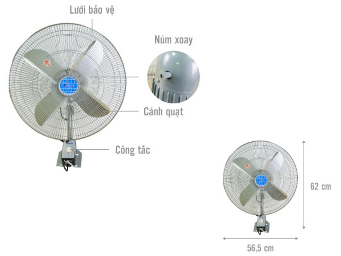 Chi tiết quạt treo tường công nghiệp Ching Hai W9299 với cánh nhôm 50cm và động cơ bạc đạn.