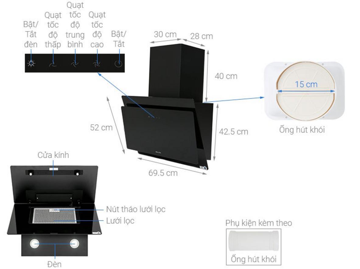 Thiết kế áp tường dạng nghiêng giúp bếp gọn và đẹp hơn.