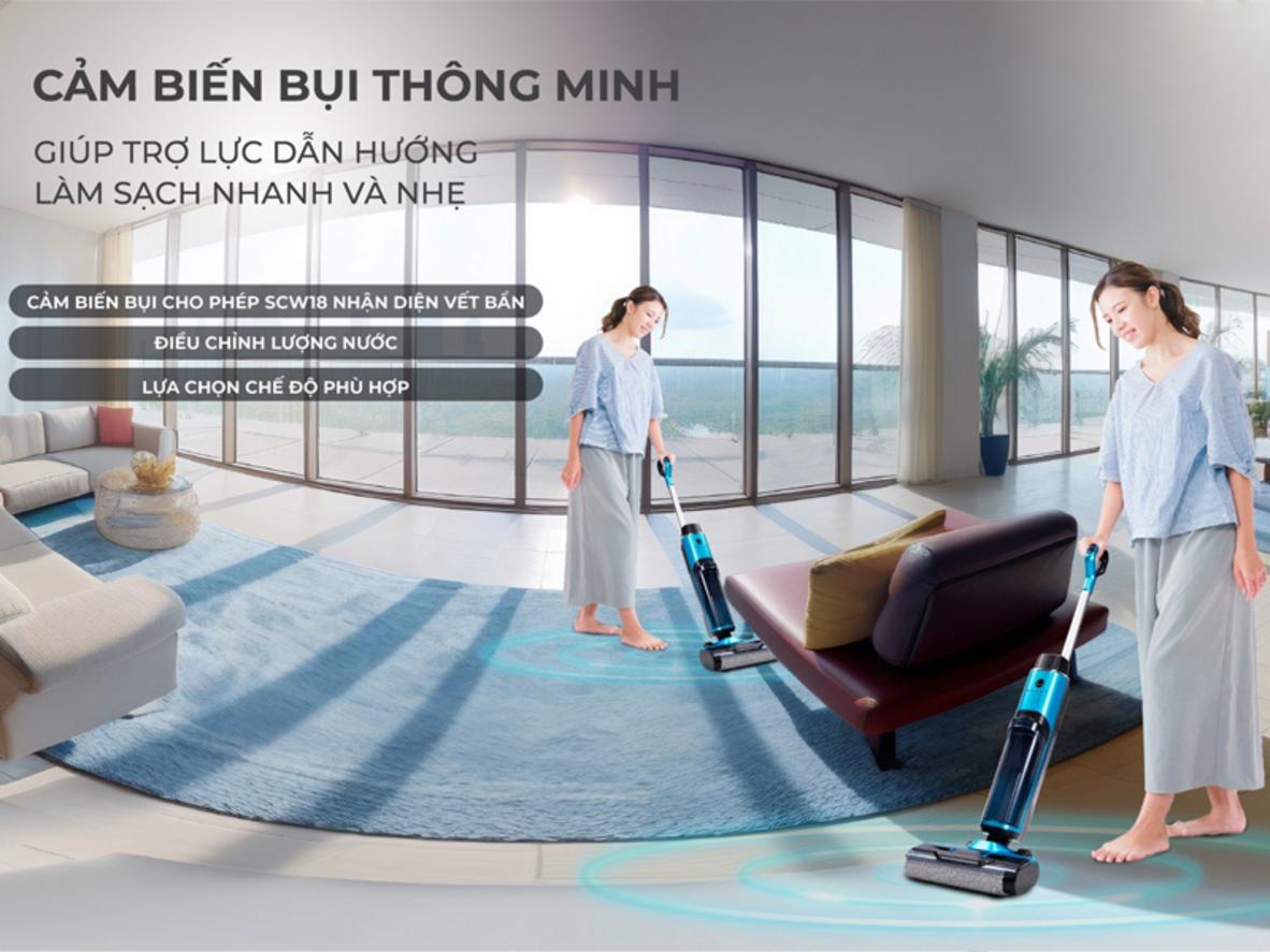 Cơ chế tự giặt con lăn giúp giảm công vệ sinh thủ công.