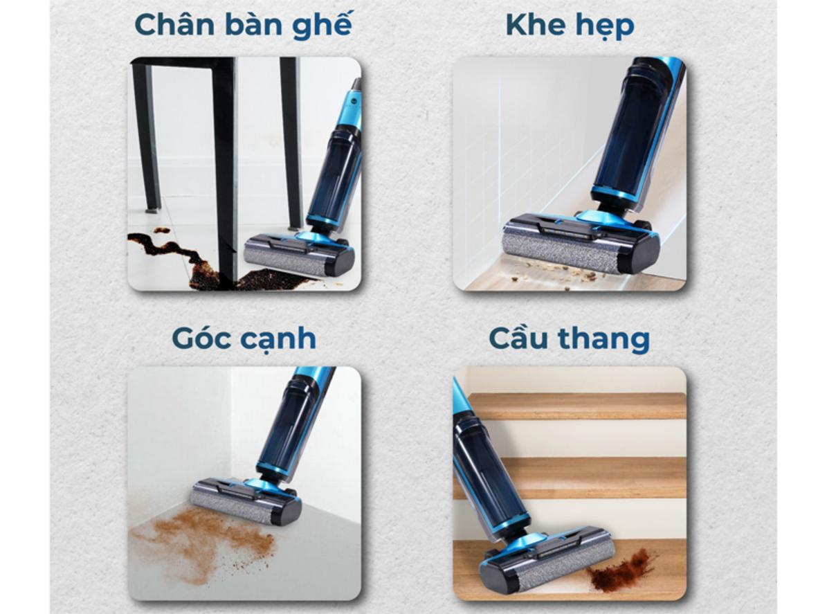 UV LED và điện phân nước sạch hỗ trợ làm sạch sâu sàn nhà.