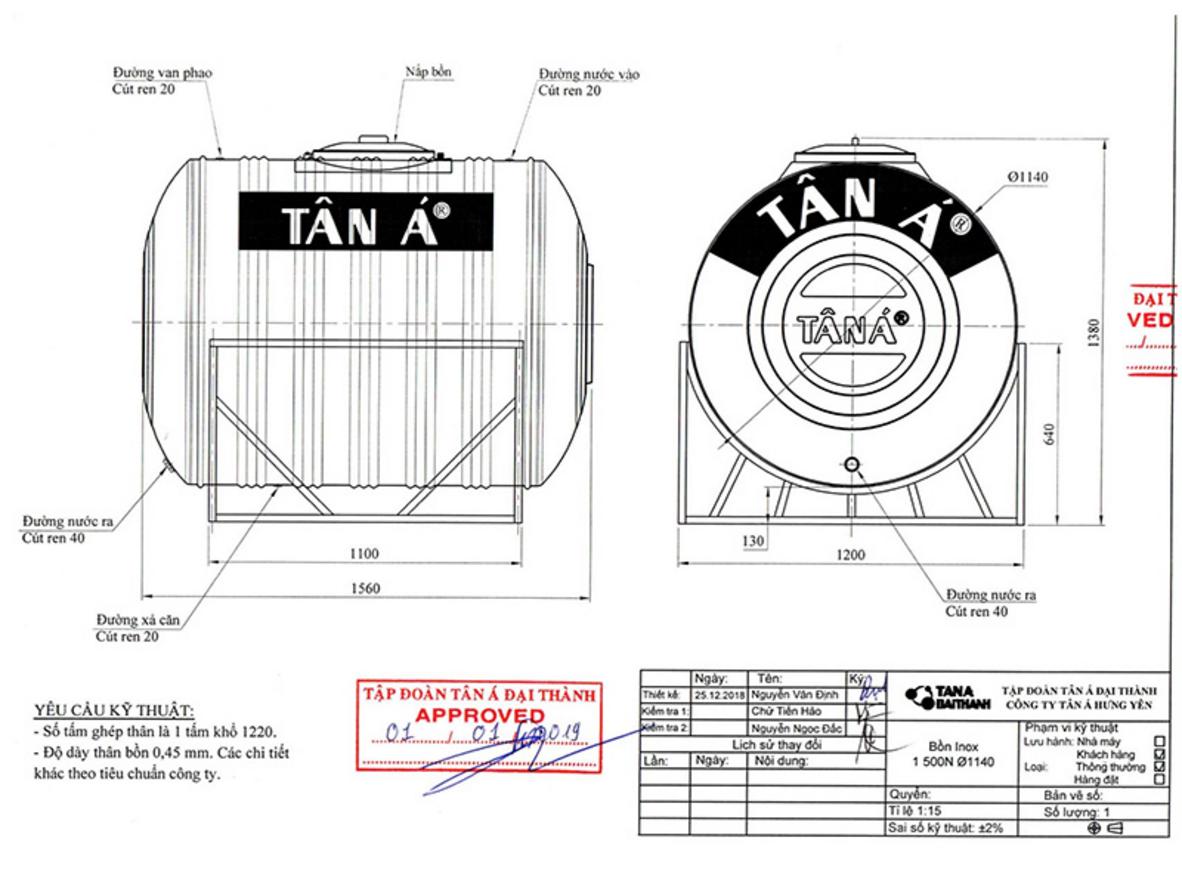Chi tiết thông số và công nghệ sản xuất bồn nước inox Tân Á 1500L ngang