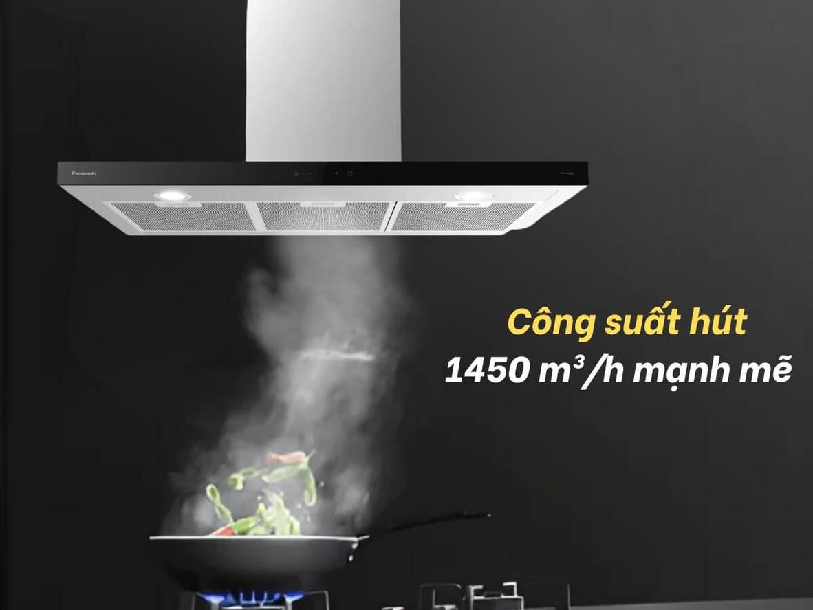 Công suất hút 1.450 m3/giờ giúp máy xử lý khói mùi nhanh trong bếp rộng.